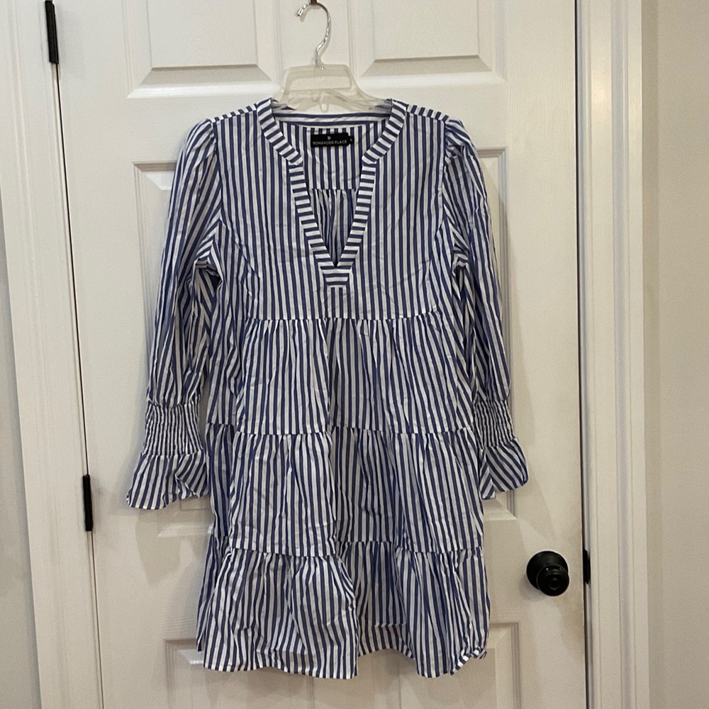 Pomander Place Blue and White Striped Long Sleeve Tiered Dress
